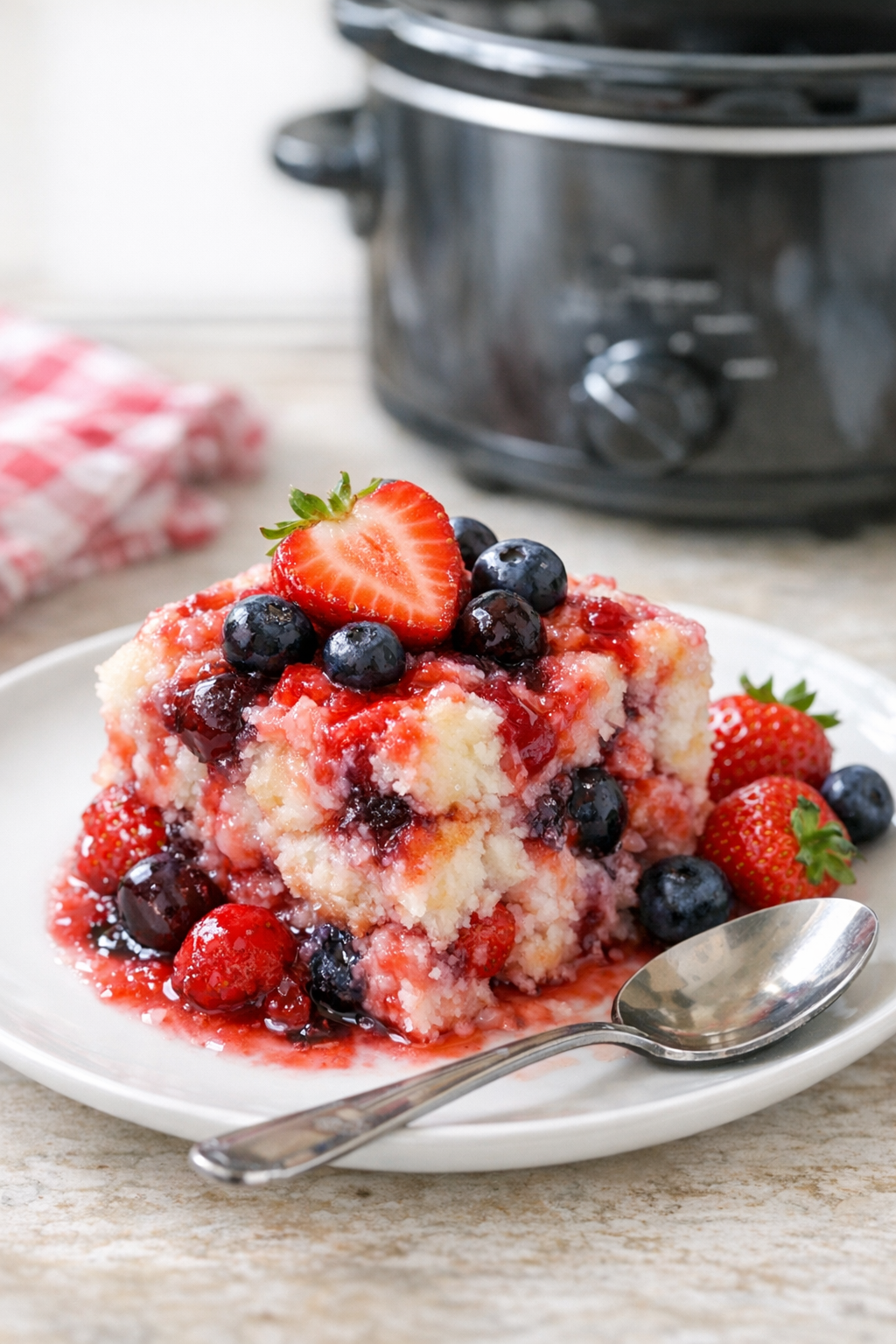 Finished Independence Day angel cake dessert with berries in a slow cooker setting