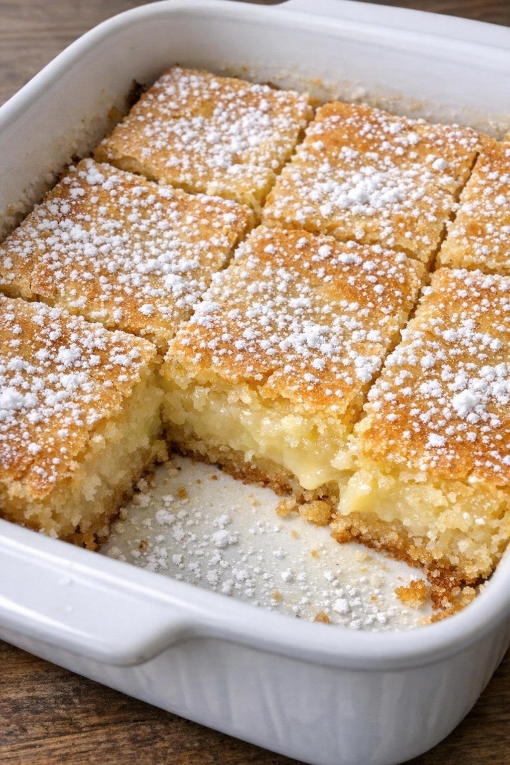 Golden dessert bars in a ceramic baking dish