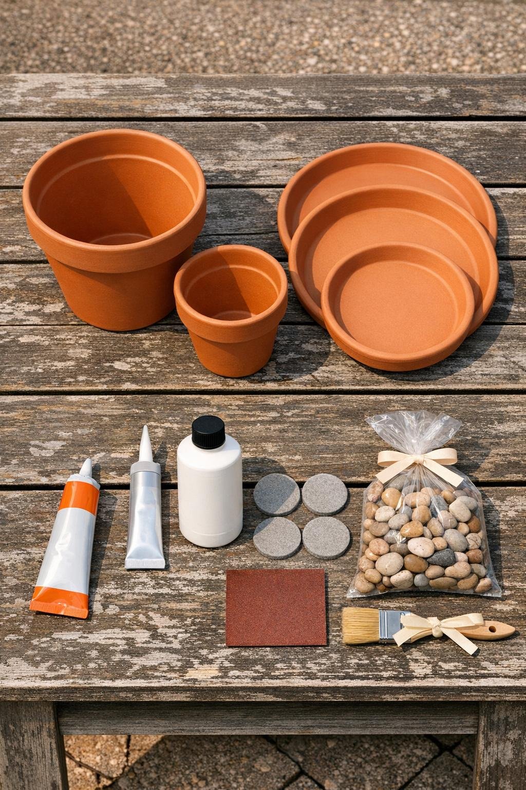 Terracotta pots, saucers, adhesive, and sealer laid out for a birdbath project