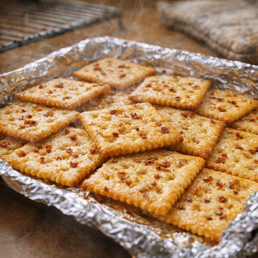 Freshly baked spicy saltines cooling on the pan