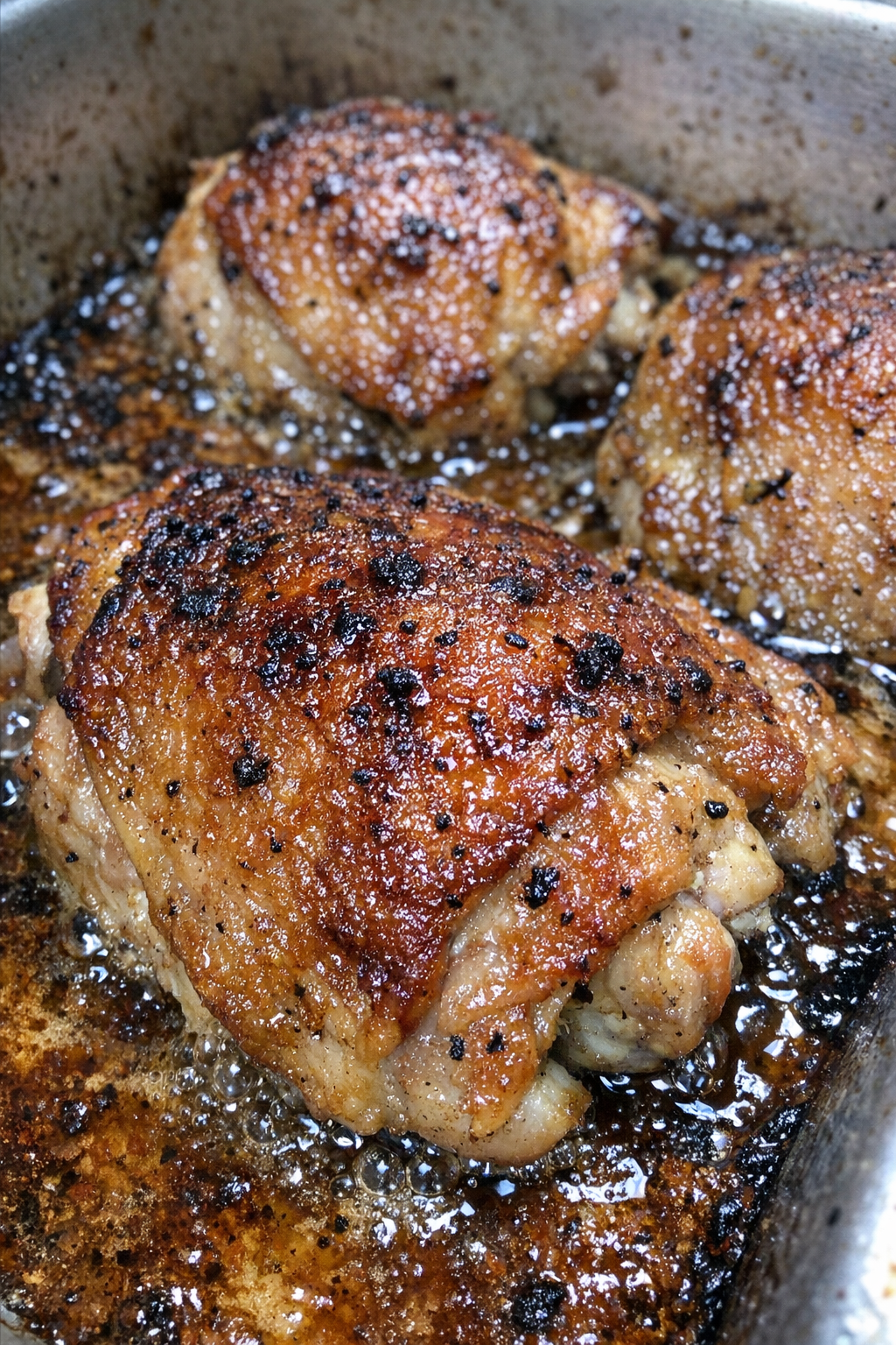 Roasted chicken thighs with a caramelized crust in a metal baking pan