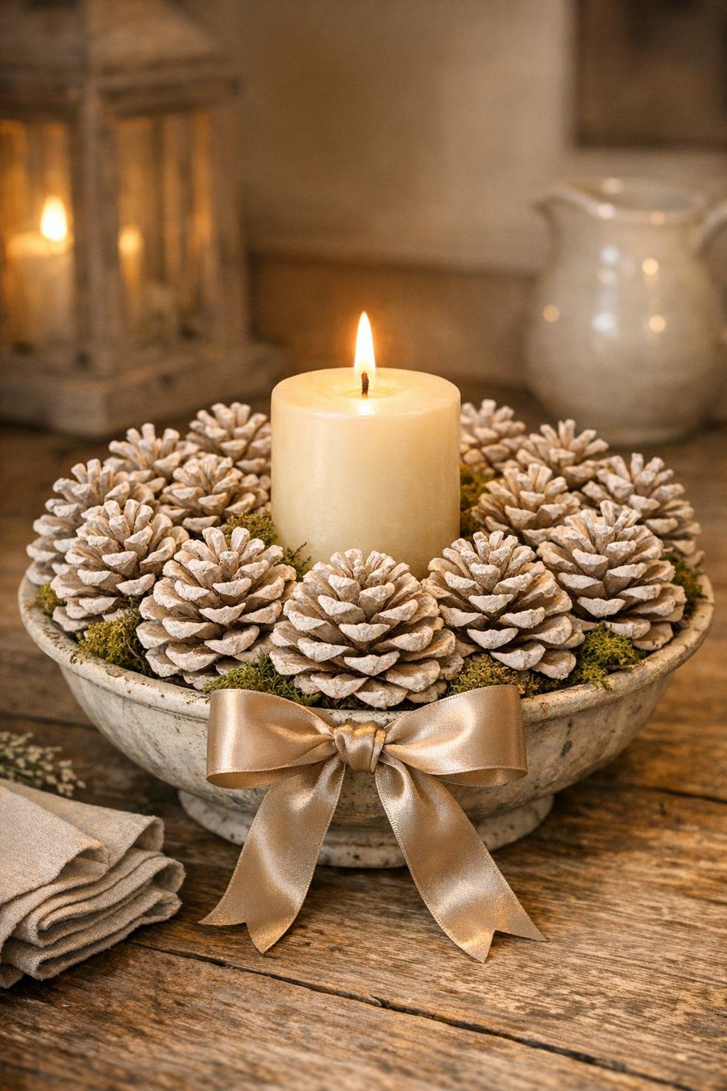 Finished bleached pinecone centerpiece bowl styled on a dining table