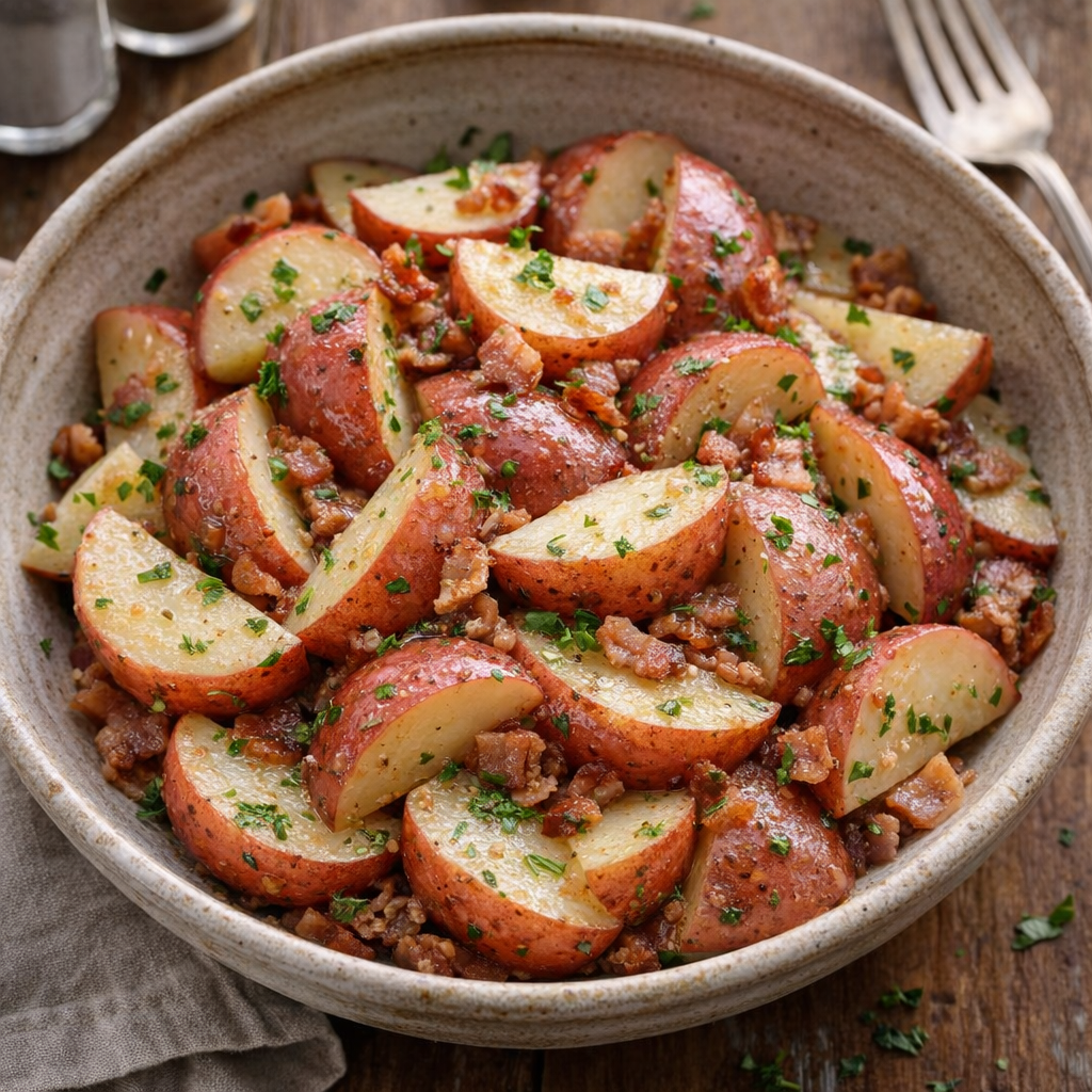 Slow cooker German potato salad served warm in a rustic bowl