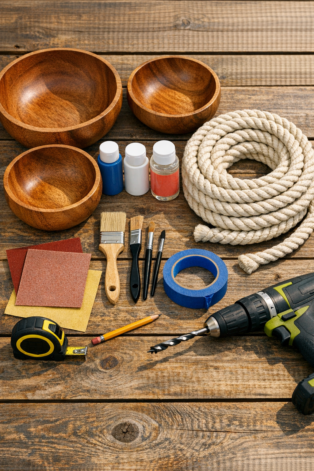 Materials for a painted wooden bowl rope snack stand