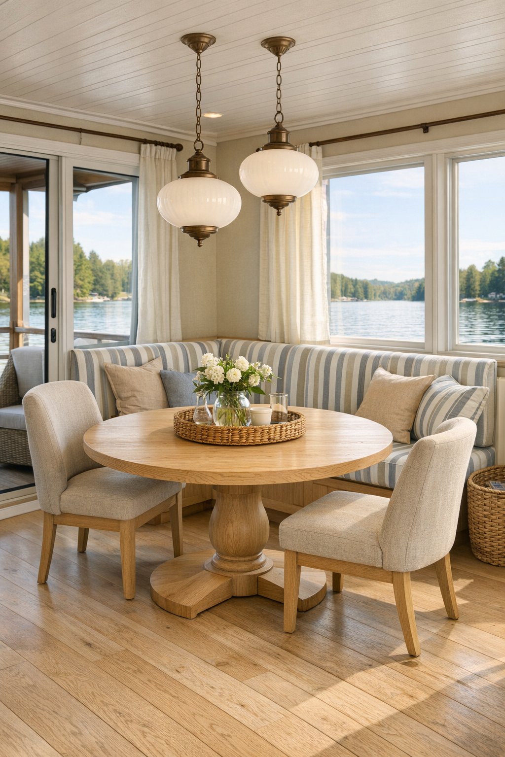 Light-filled dining room with a round ash table, upholstered chairs, and a built-in banquette