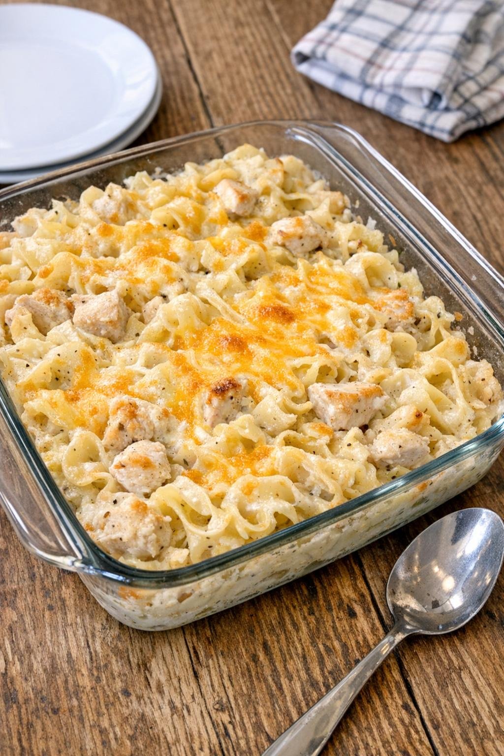 Finished creamy ranch noodle bake in a glass casserole dish