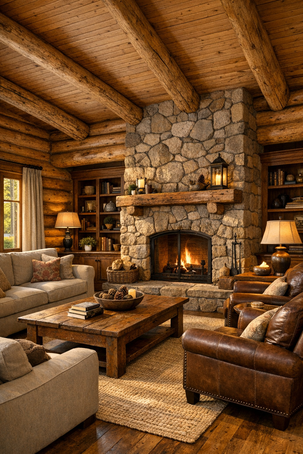 Warm log home living room with stone fireplace, Amish-style wood built-ins, and neutral seating