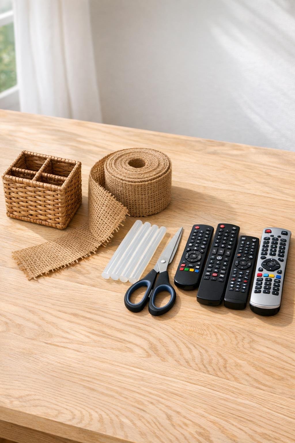 Materials for a wicker remote caddy laid out together