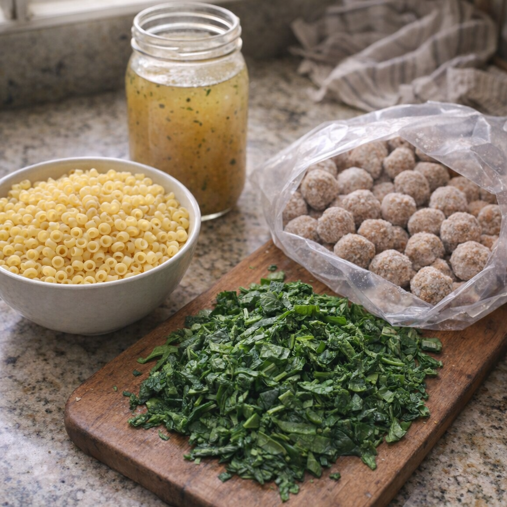 Simple ingredients arranged on a farmhouse counter