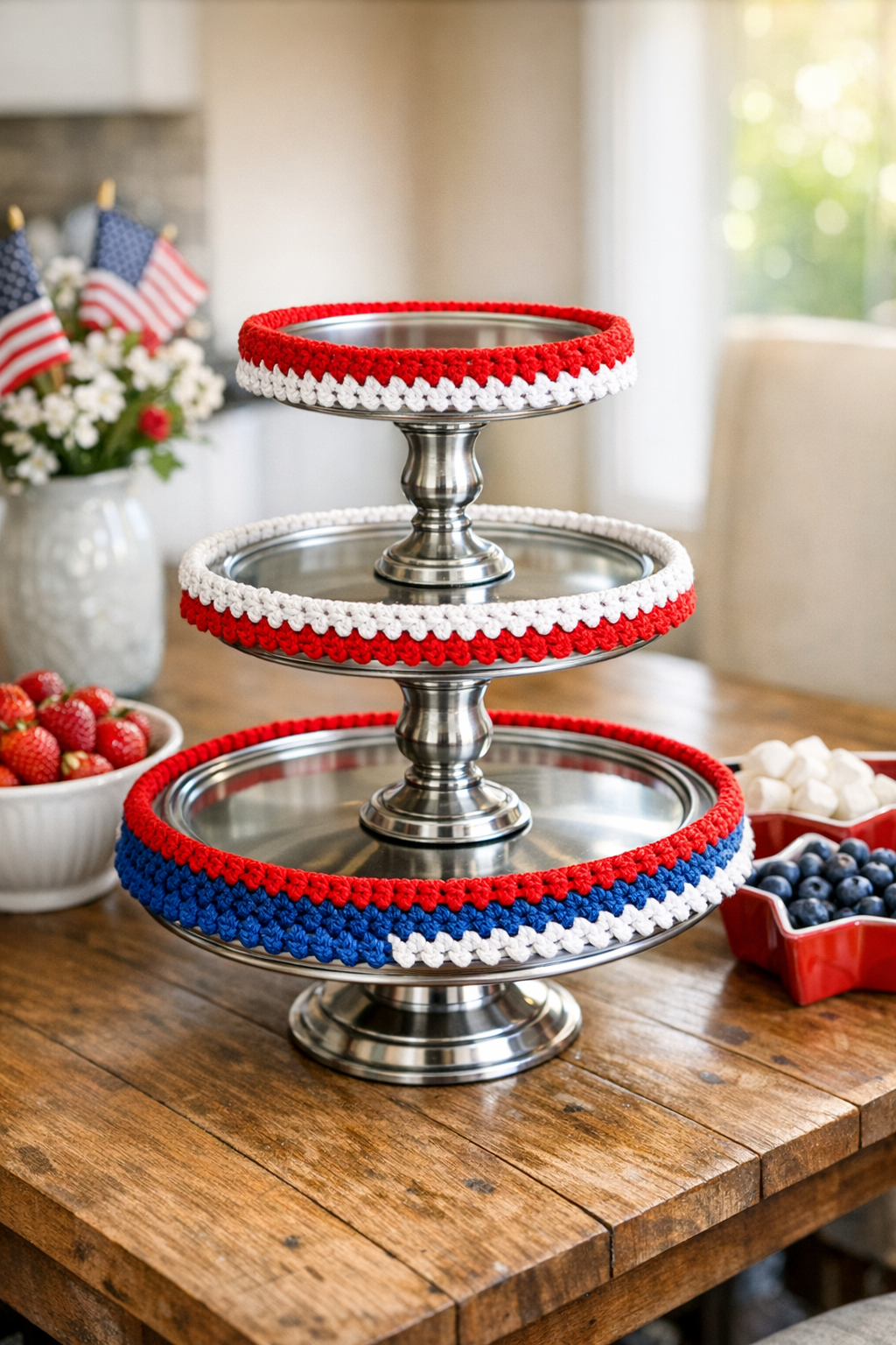 Finished patriotic crocheted dessert stand made from pot lids and candlestick holders