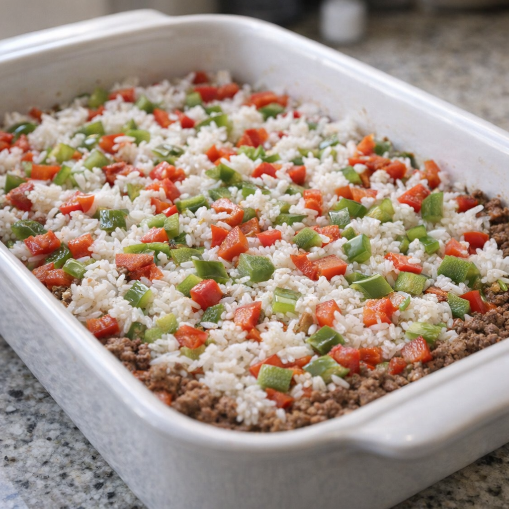 Rice and diced peppers layered over ground beef in the baking dish