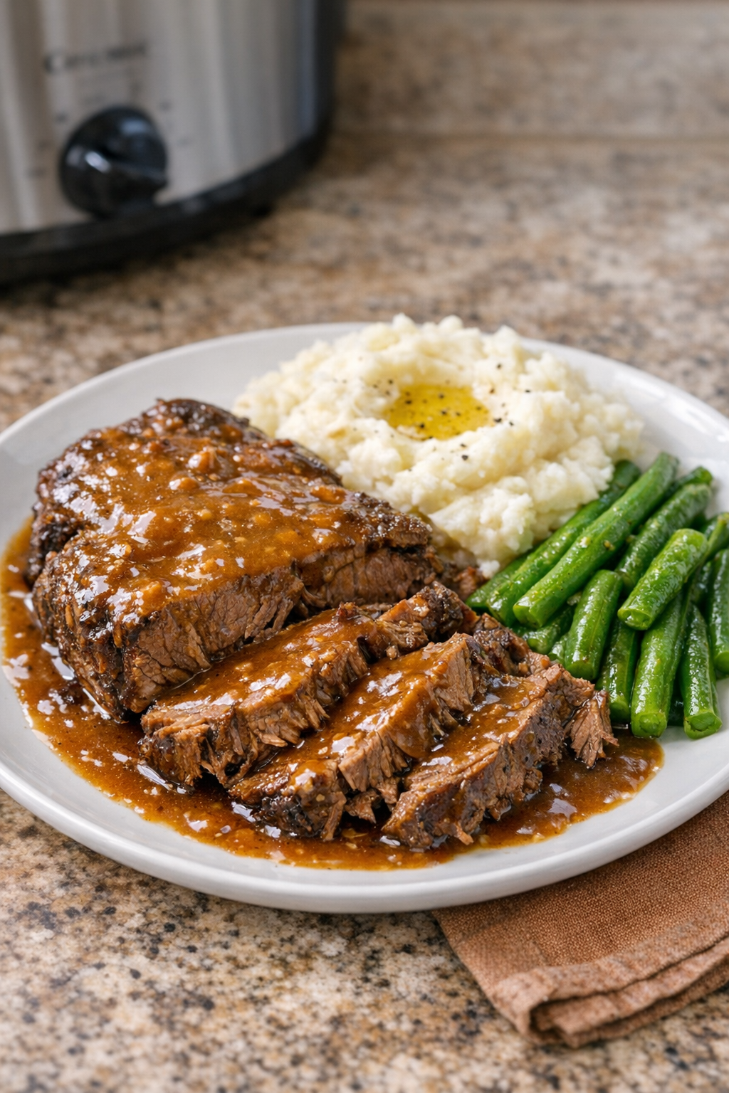 Finished peanut butter beef roast plated with sauce