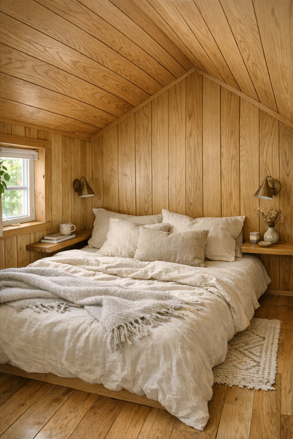 Calm bedroom with honey oak paneling, soft linen bedding, and built-in details