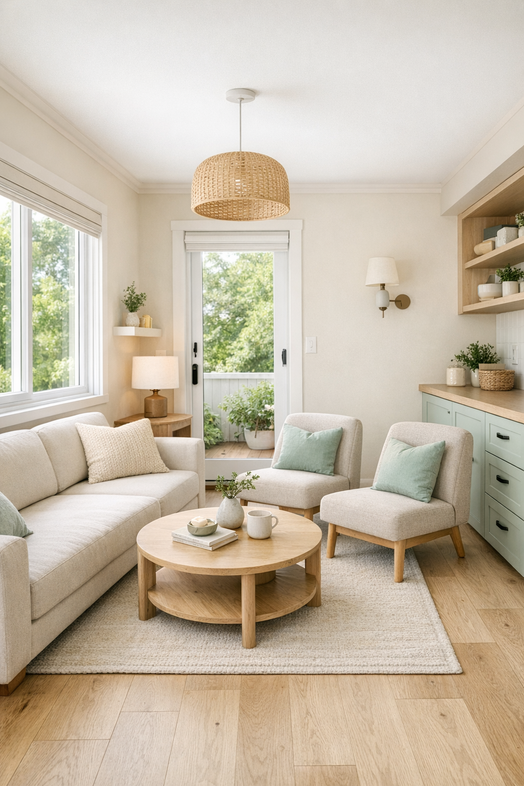 Bright accessible tiny home living room with oat sofa, pale oak floors, and soft mint accents