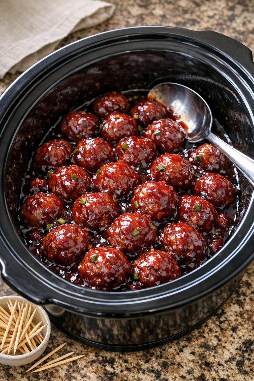 Finished cranberry jalapeno meatballs in a slow cooker