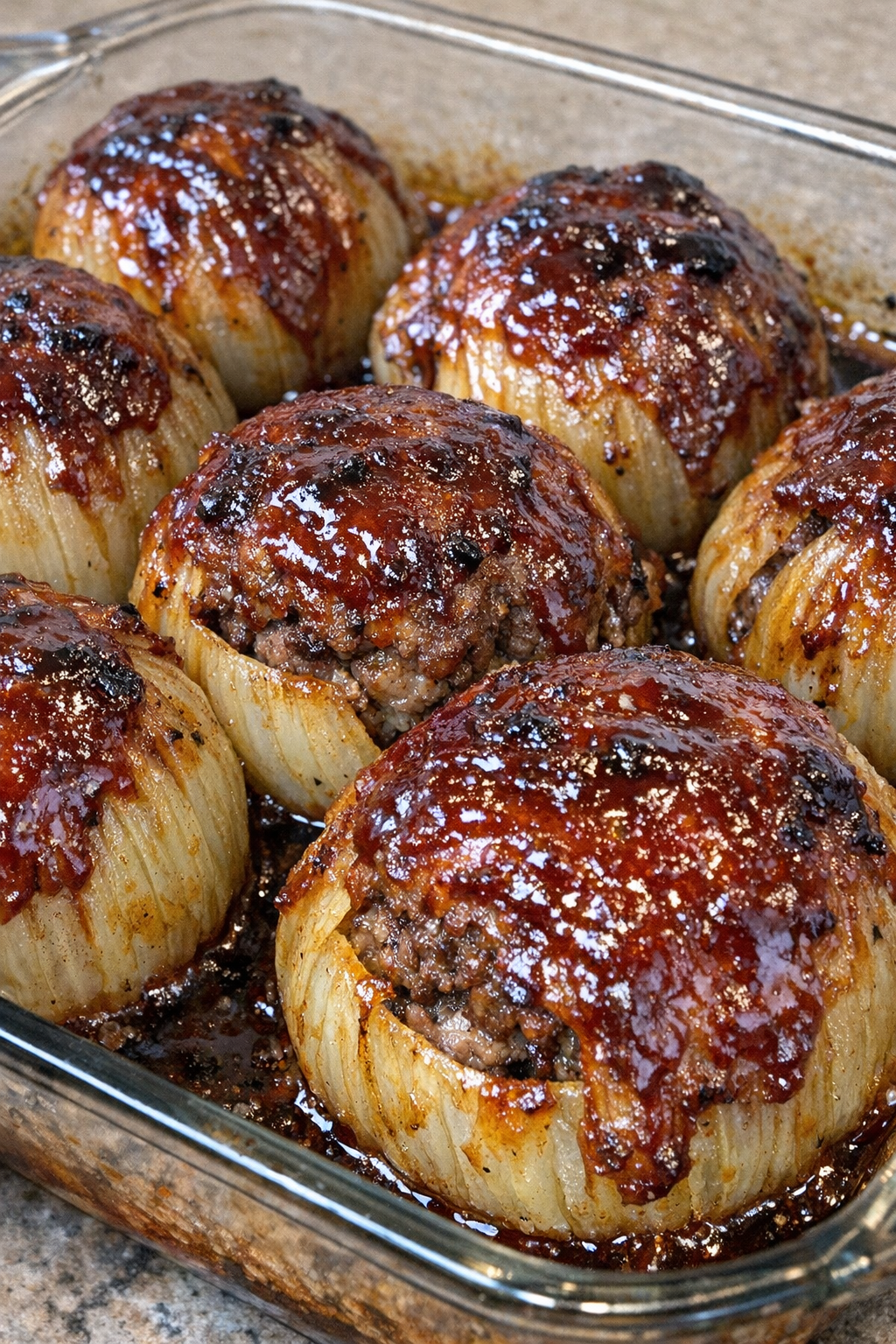 Oven baked beef onion bombs finished with barbecue glaze