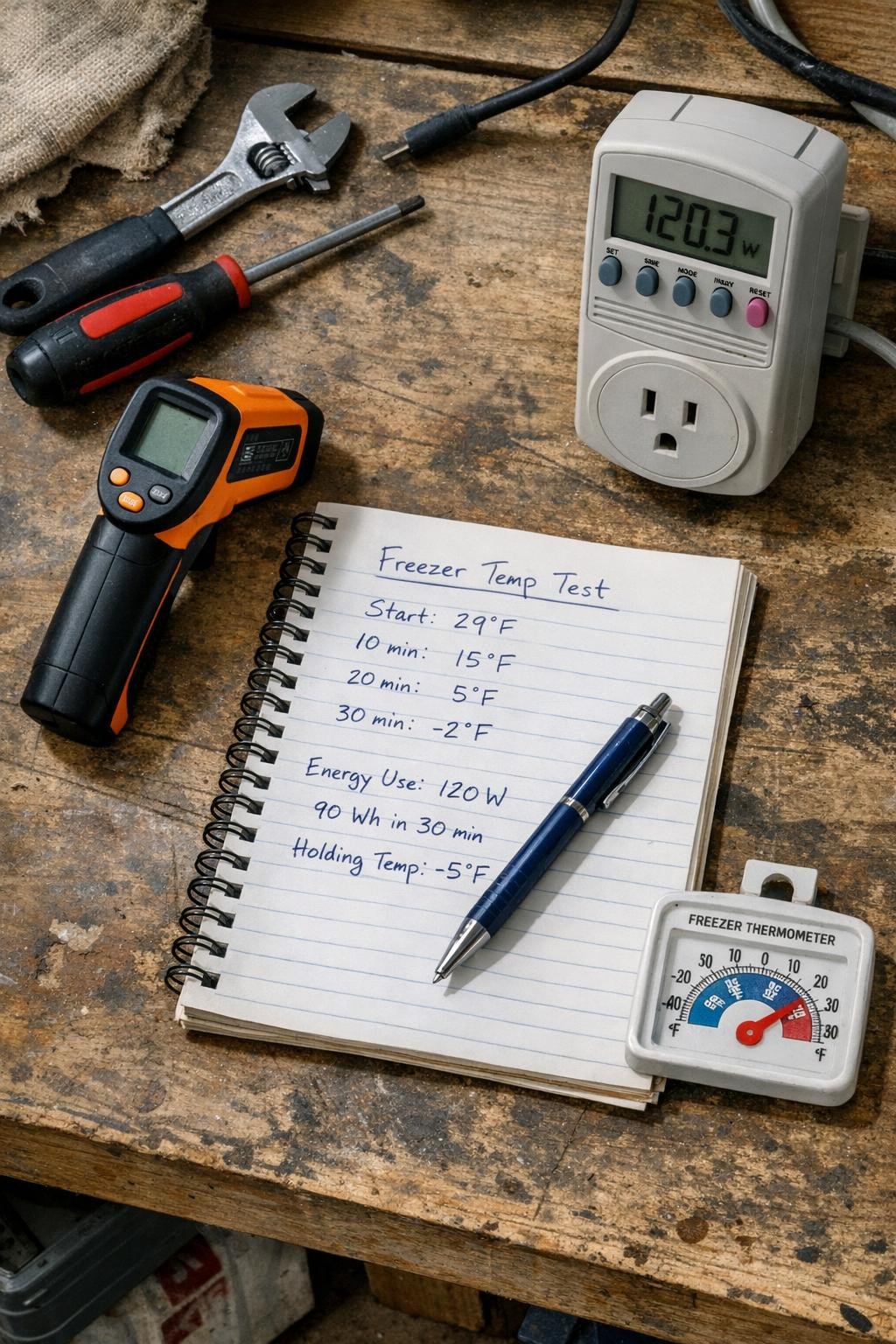 Infrared thermometer and notebook used for tracking freezer test
