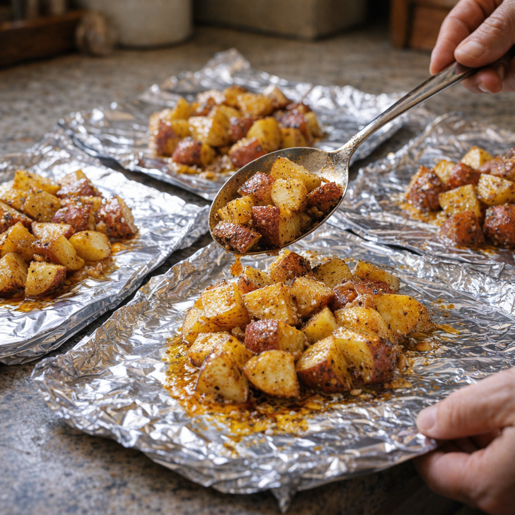 Seasoned potatoes piled onto foil sheets