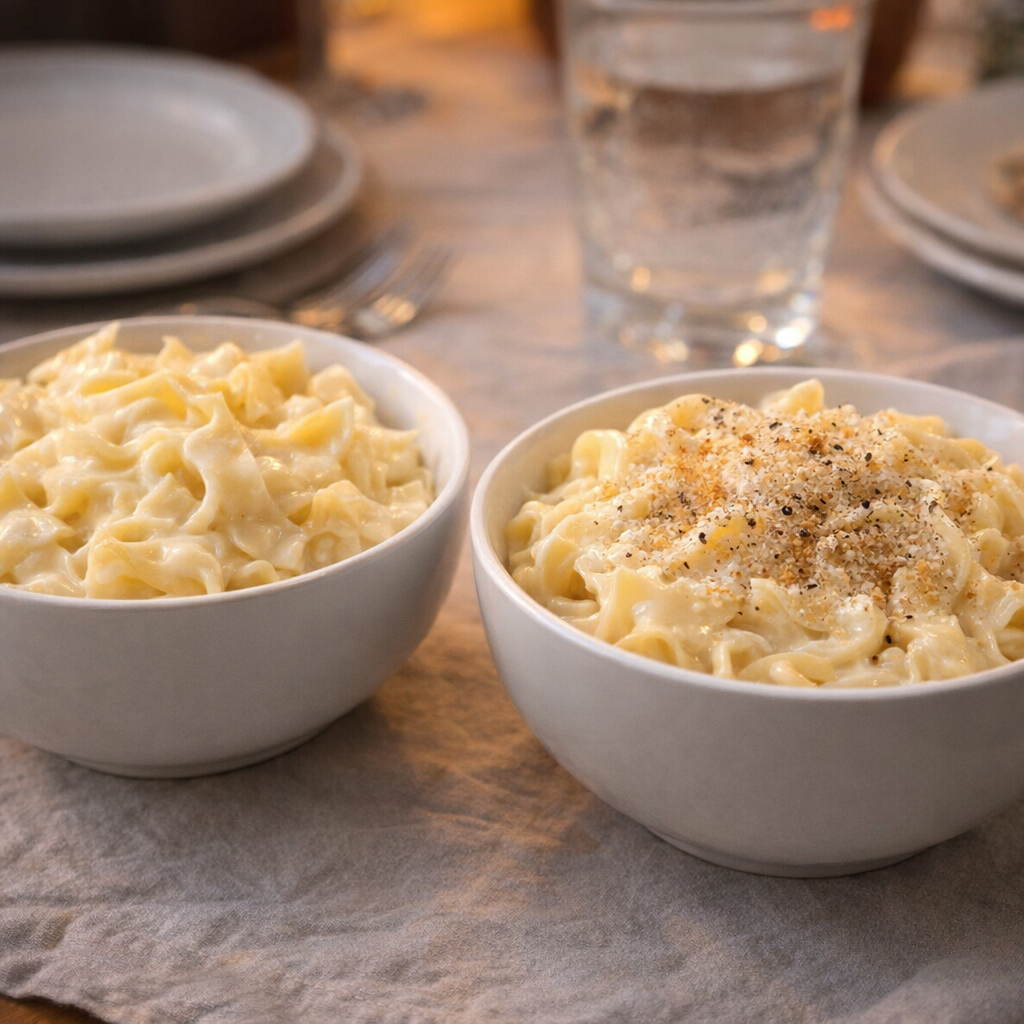 Bowls of cheesy noodles with kid-friendly topping options