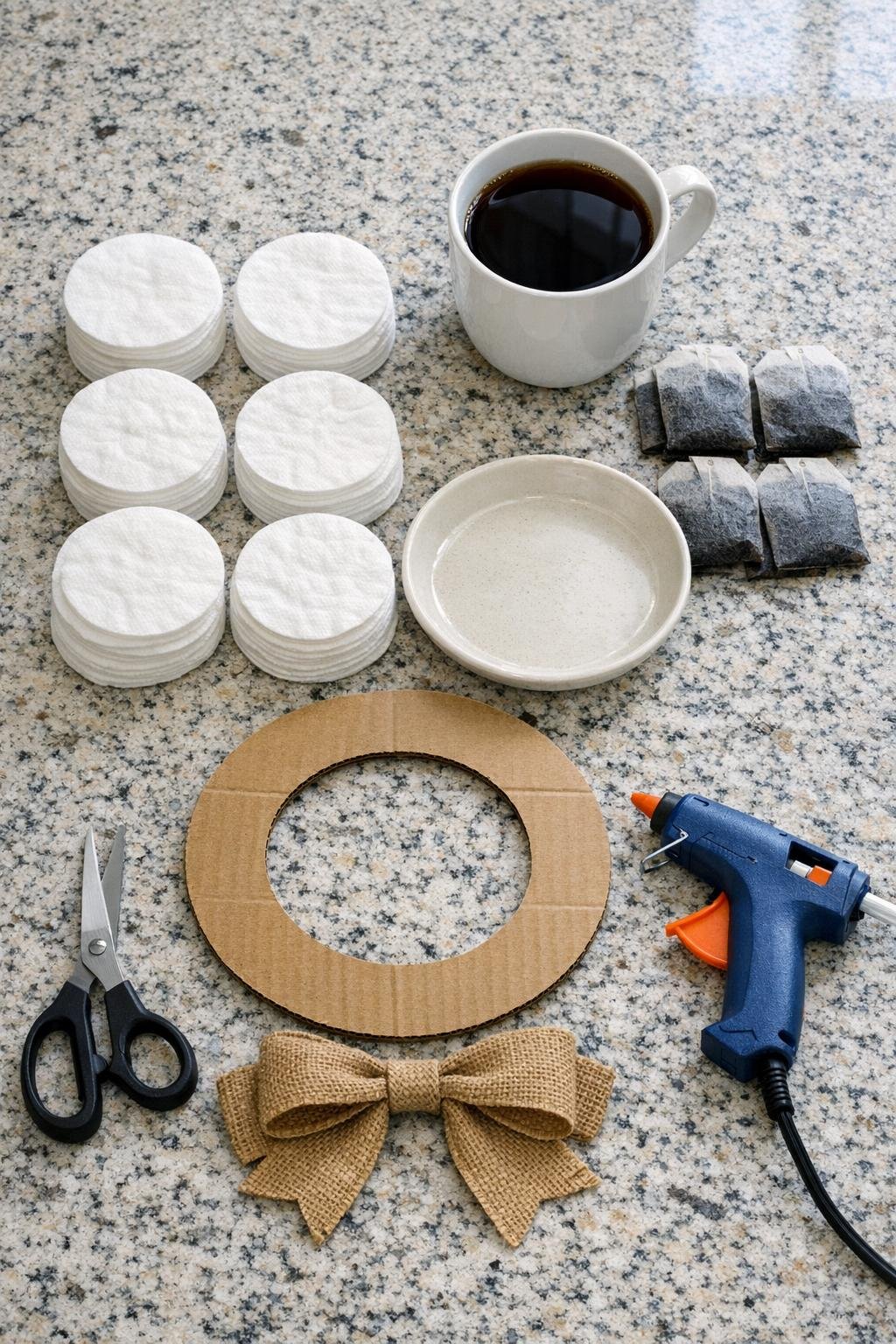 Materials for a tea-stained makeup pad feather wreath laid out on a counter