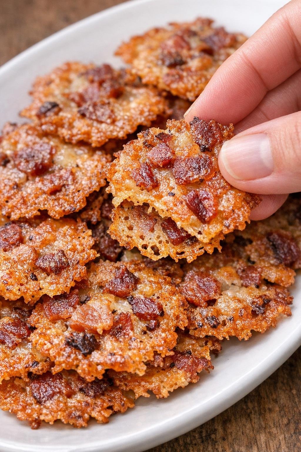 Finished bacon stanhope crisps on a white serving platter