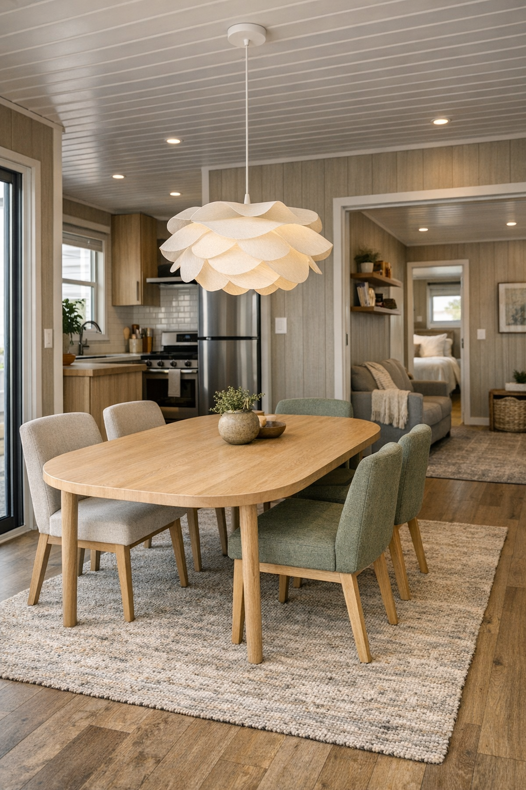 Modern dining room with pale wood table, upholstered chairs, soft pendant lighting, and open family-friendly layout