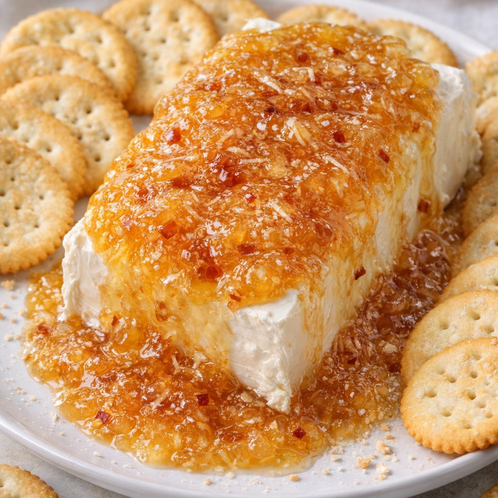 Jezebel spread over cream cheese with crackers on a serving plate