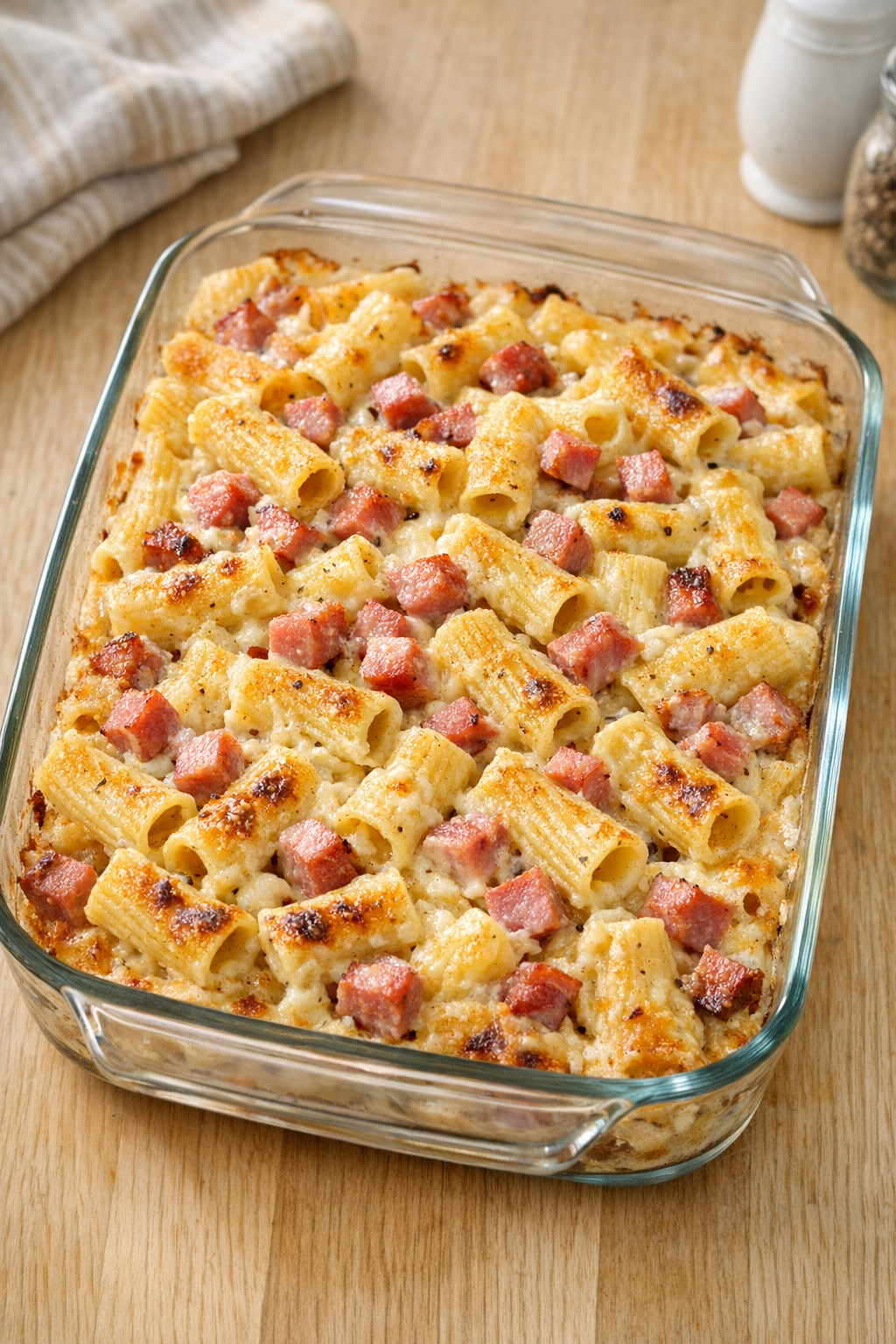 Finished baked country ham rigatoni casserole in a glass baking dish