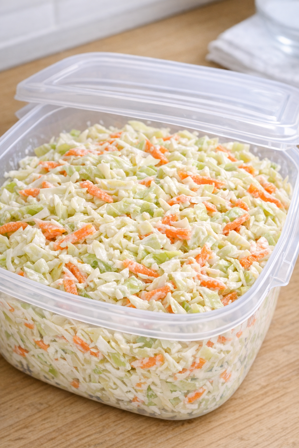 Covered container of coleslaw ready to chill