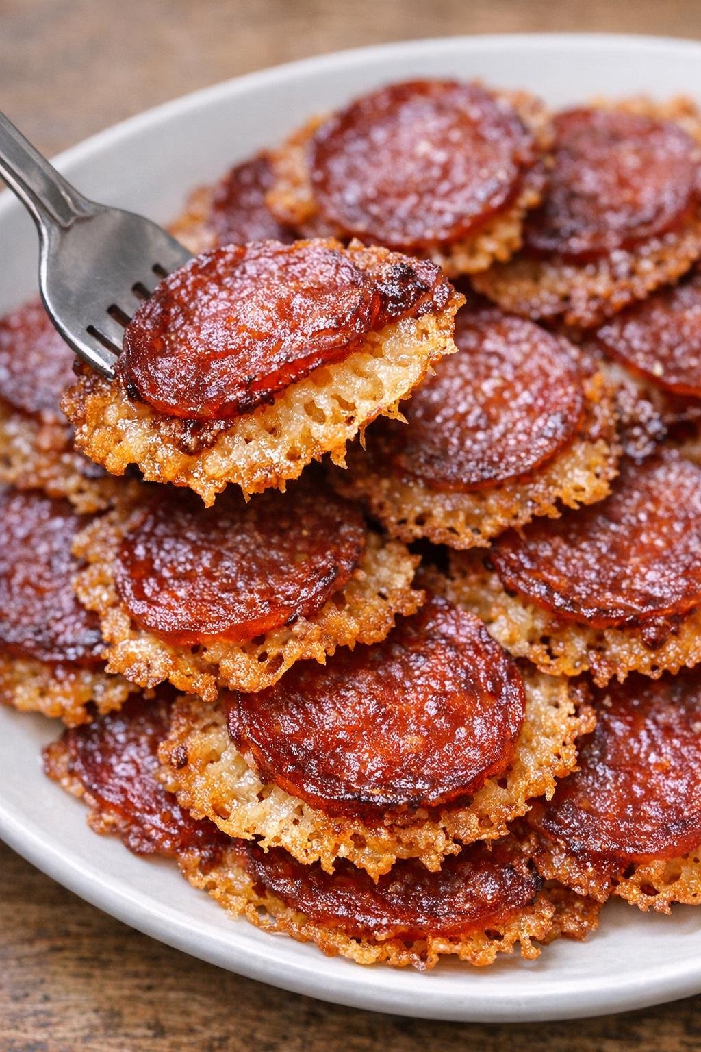 Low carb 3-ingredient pepperoni hollingworth crisps on a serving platter