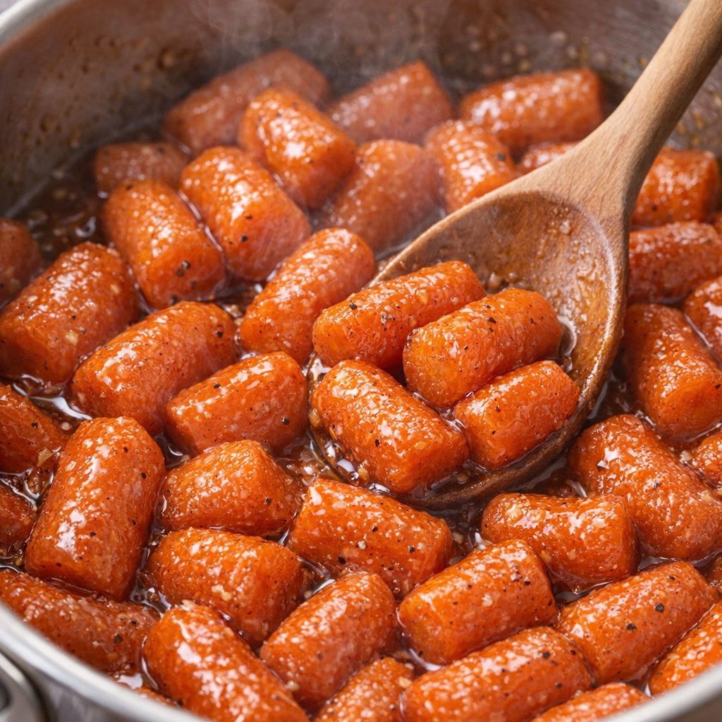 Glazed carrots being stirred in a saucepan