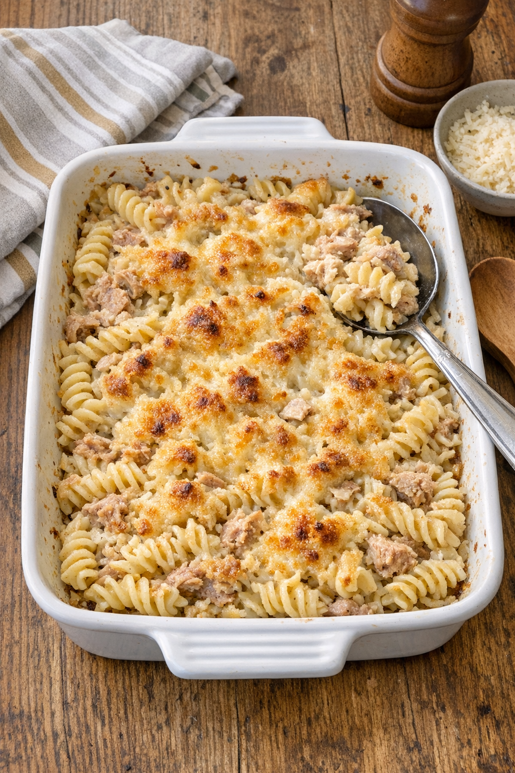 Finished baked tuna rotini in a casserole dish