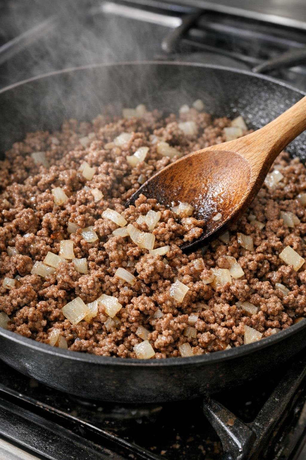 Gebakken gehakt en ui in een koekenpan