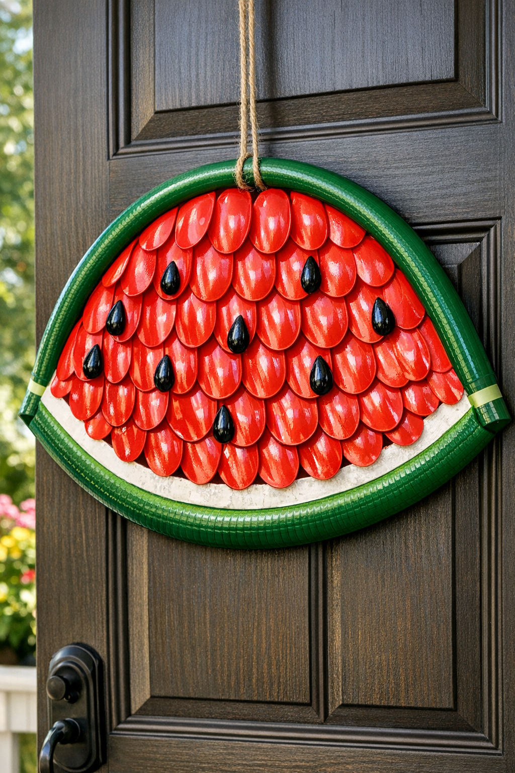 Finished giant watermelon slice front door hanger made from red plastic spoons and green garden hose