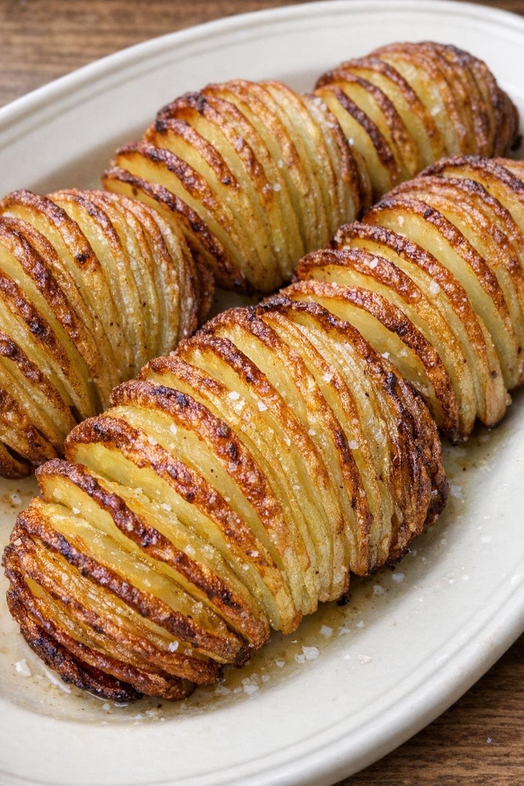 Golden buttery fanned potato slices on a cream colored serving dish