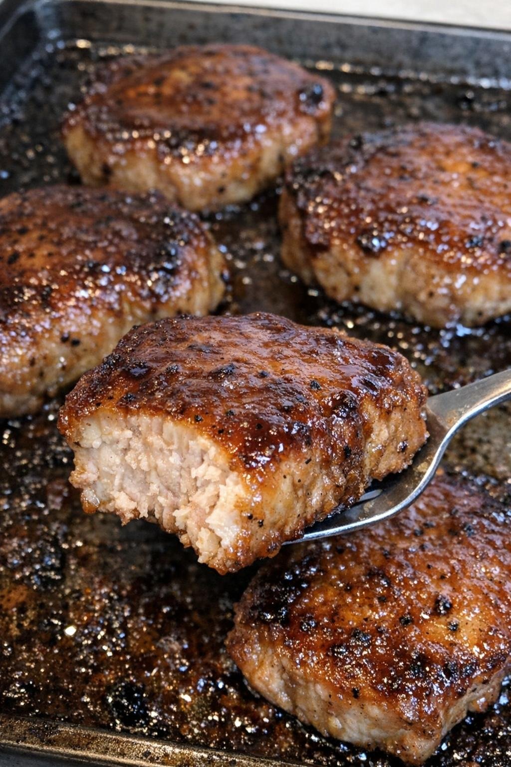 Thick glazed pork chops on a dark sheet pan