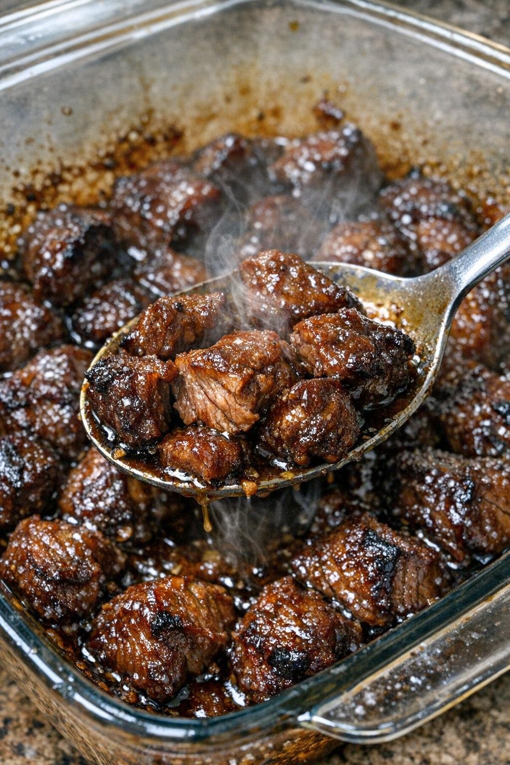 Savory beef bites in a glossy glaze in a glass baking dish