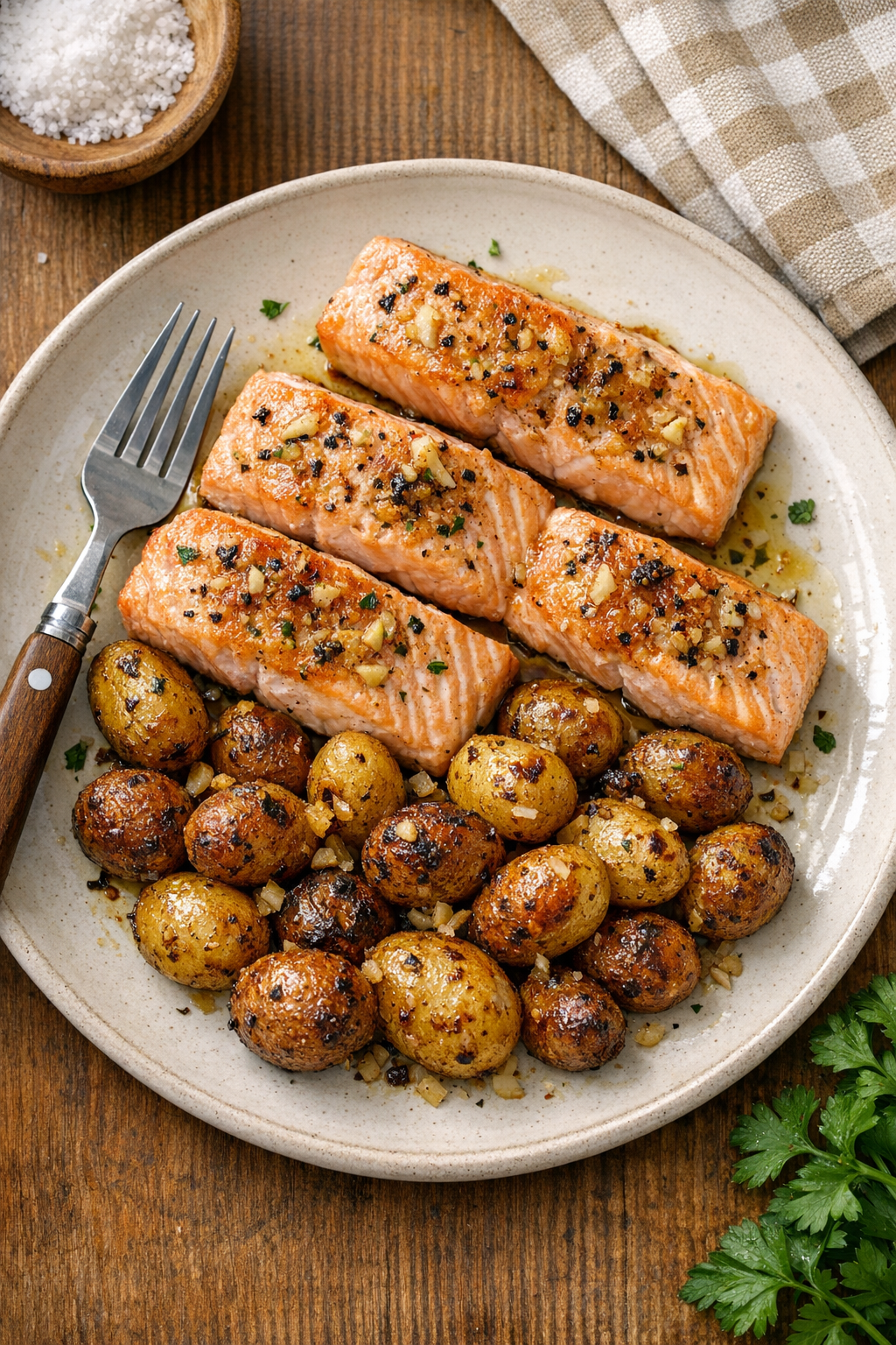 Finished baked salmon loins and roasted baby potatoes