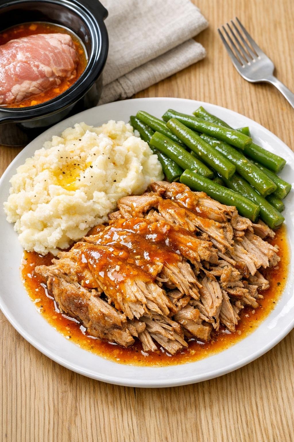 Finished plated slow cooker pork Boston butt roast with glossy orange-brown sauce