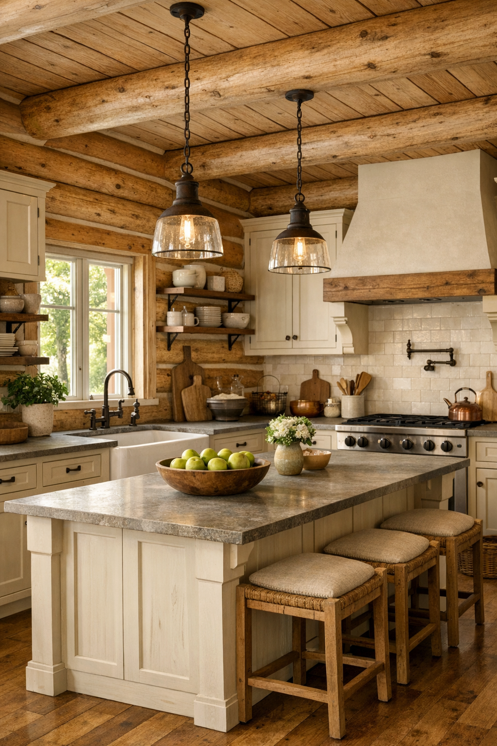 Creamy rustic kitchen with log walls, large island, and warm layered lighting