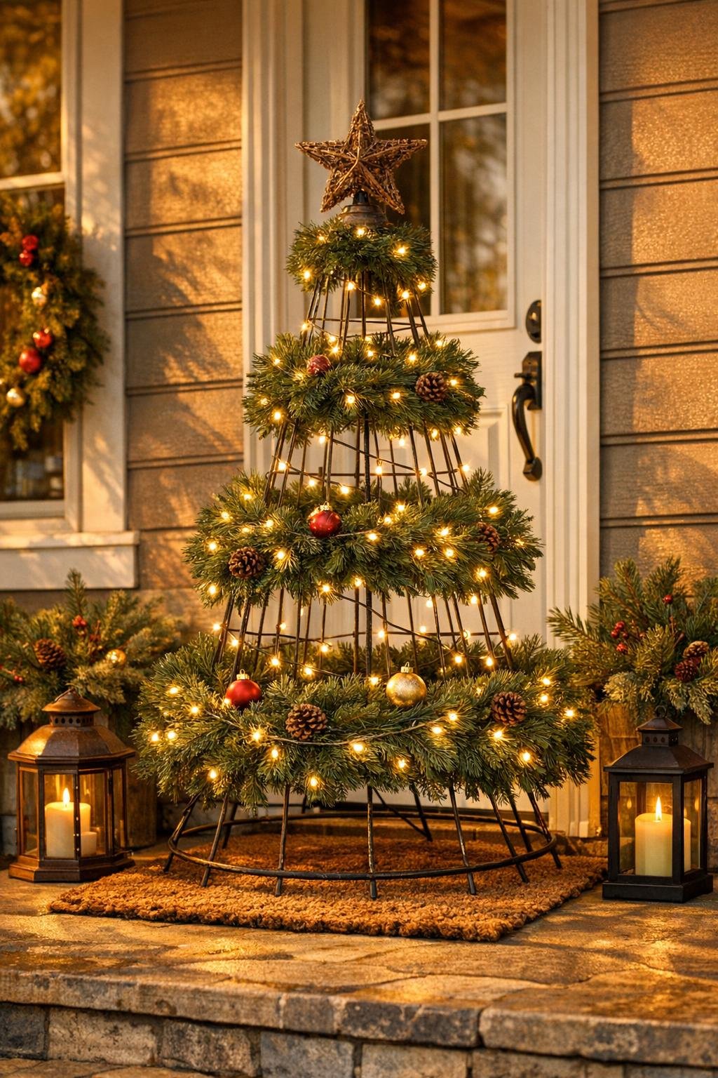 Finished Christmas tree made from stacked lampshade frames