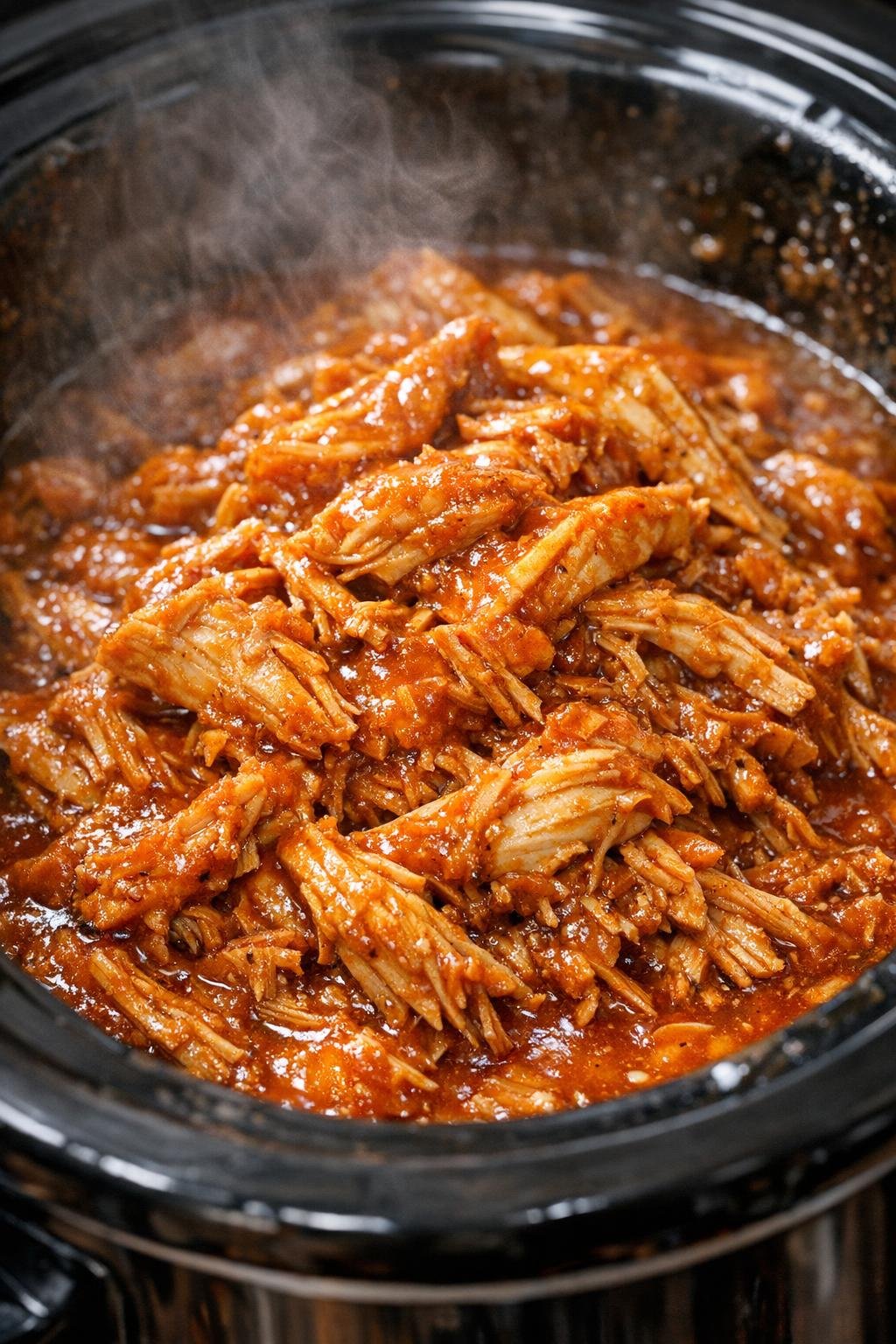 Shredded chicken in burnt-orange sauce in a slow cooker