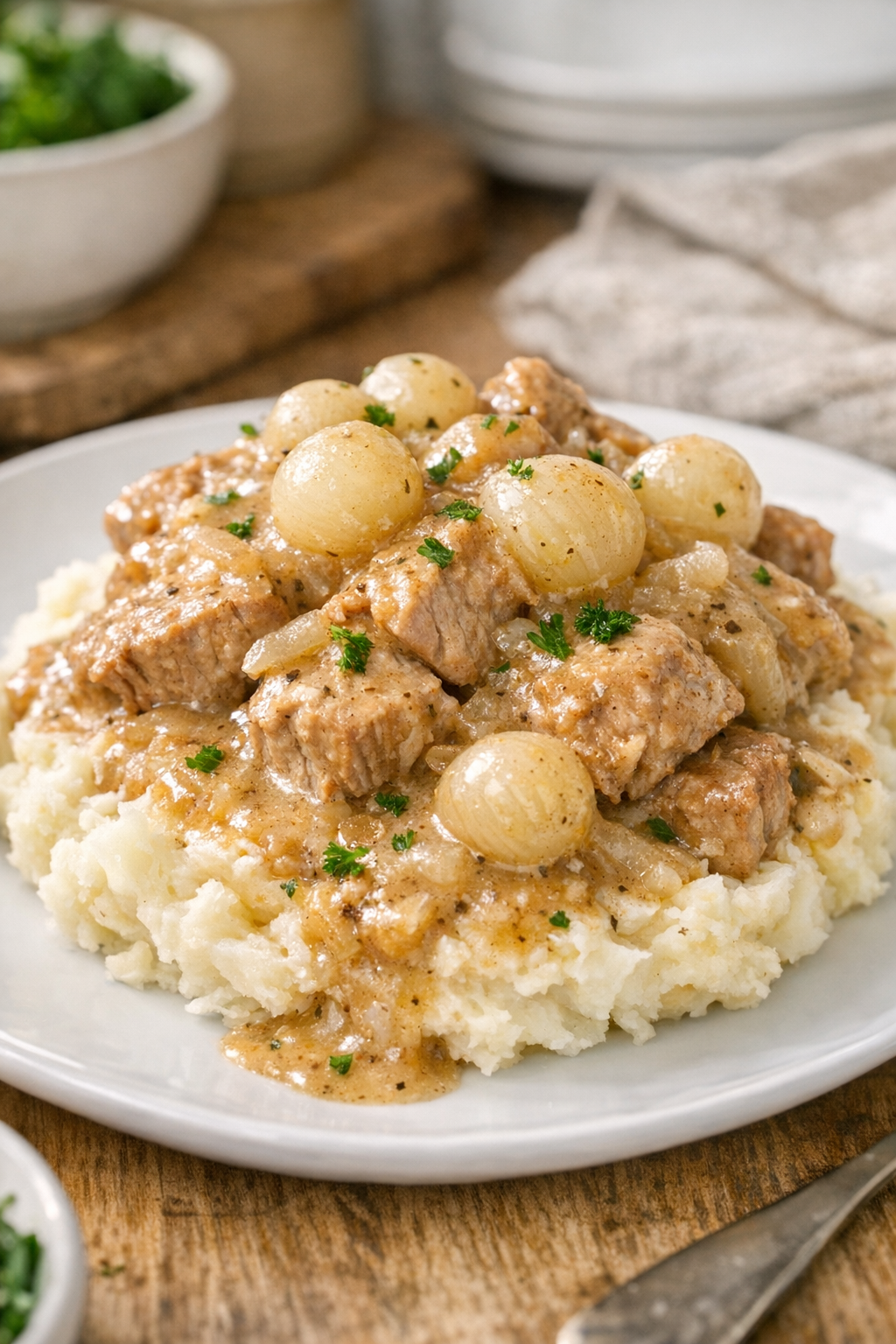 Plated onion pork with mashed potatoes and pearl onions