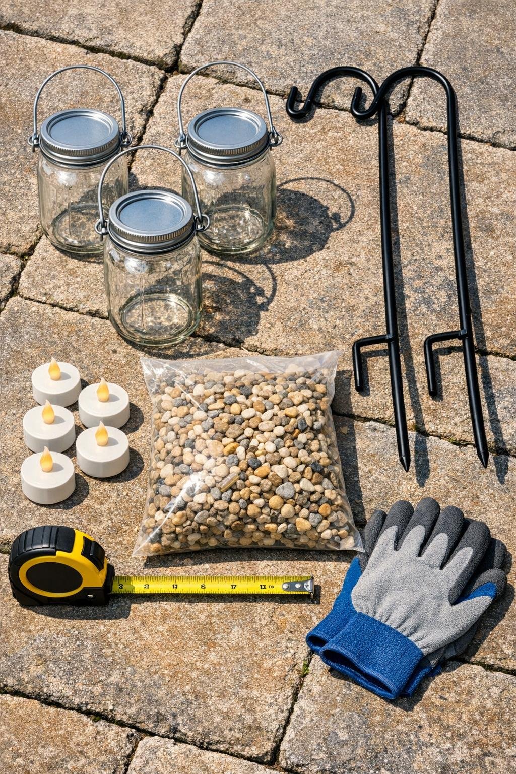 Materials for glass jar garden pathway lanterns laid out together