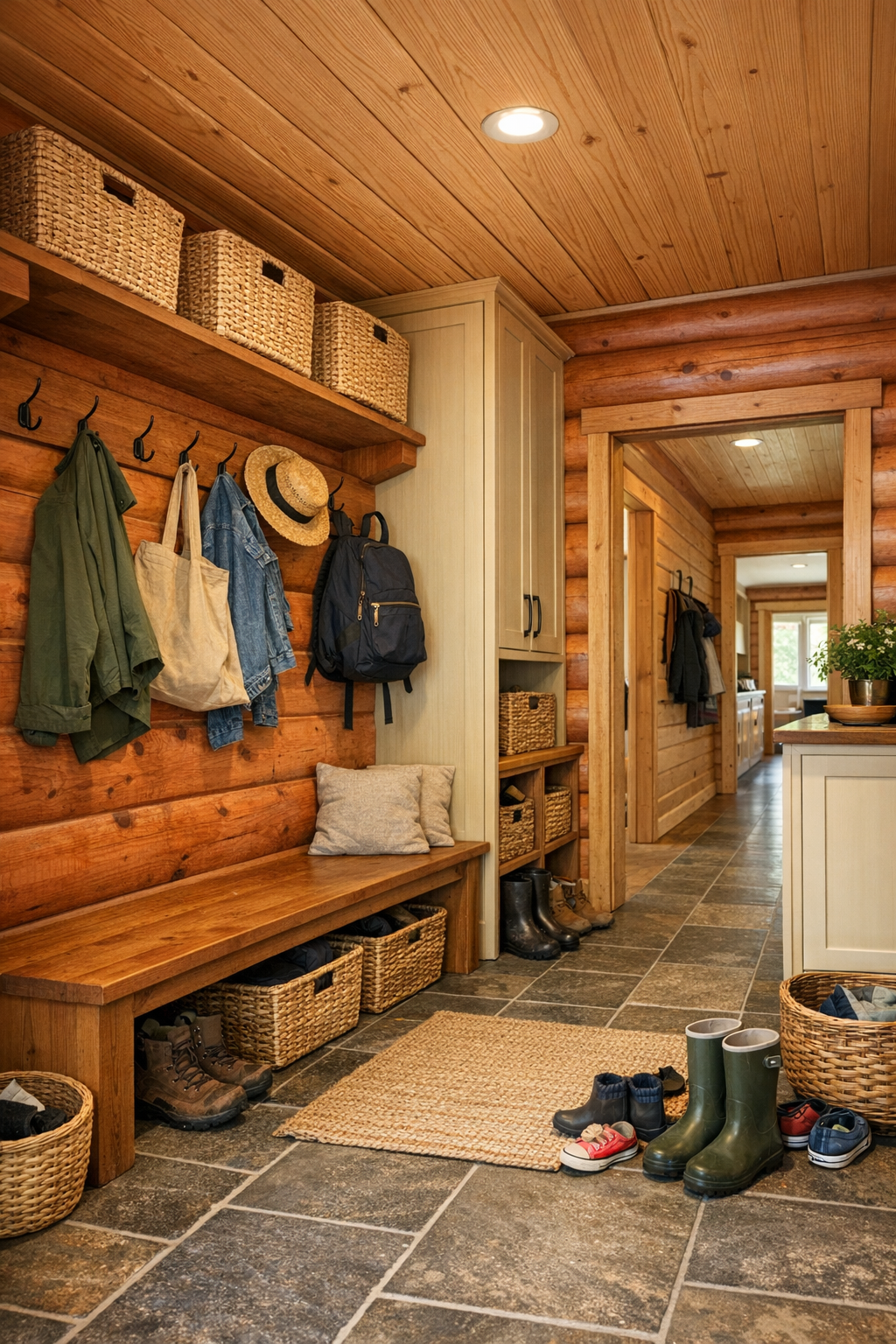 Thoughtful mudroom and hallway area with built-in bench, hooks, and warm wood finishes