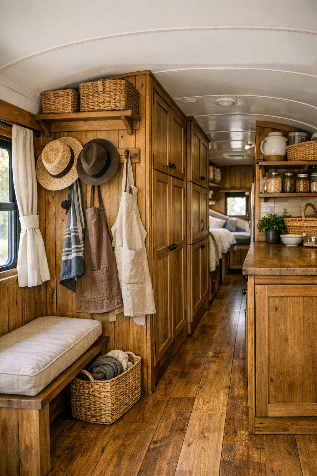 Narrow bus hallway with built-in storage, pegs, and a small utility nook