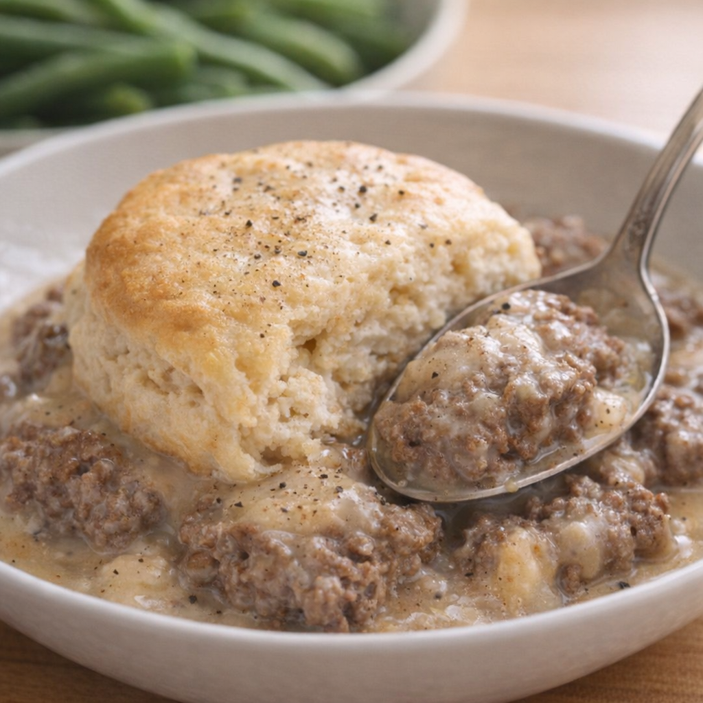 Served portion of biscuit beef casserole in a shallow bowl