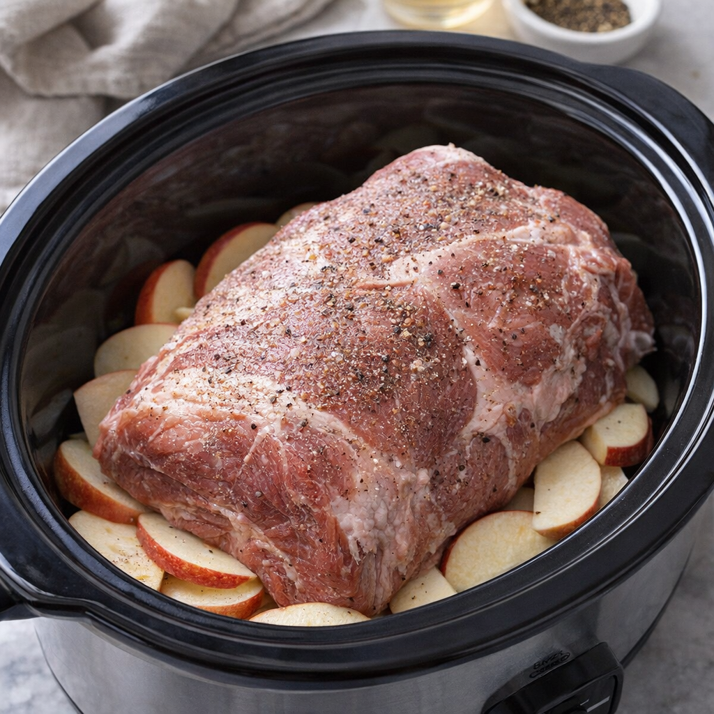 Pork shoulder resting over sliced apples in a slow cooker