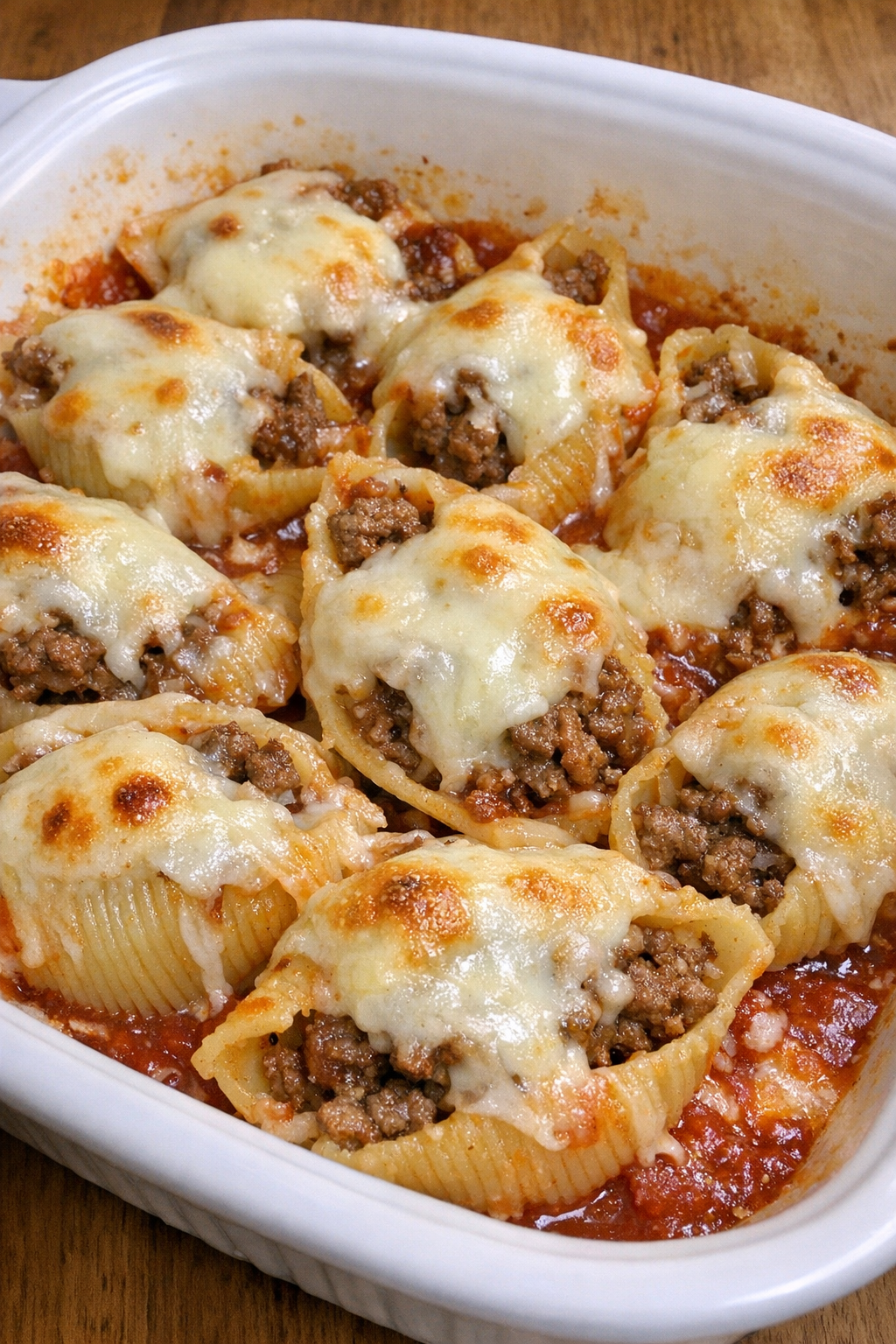 Close-up of baked beef stuffed shells with melted provolone