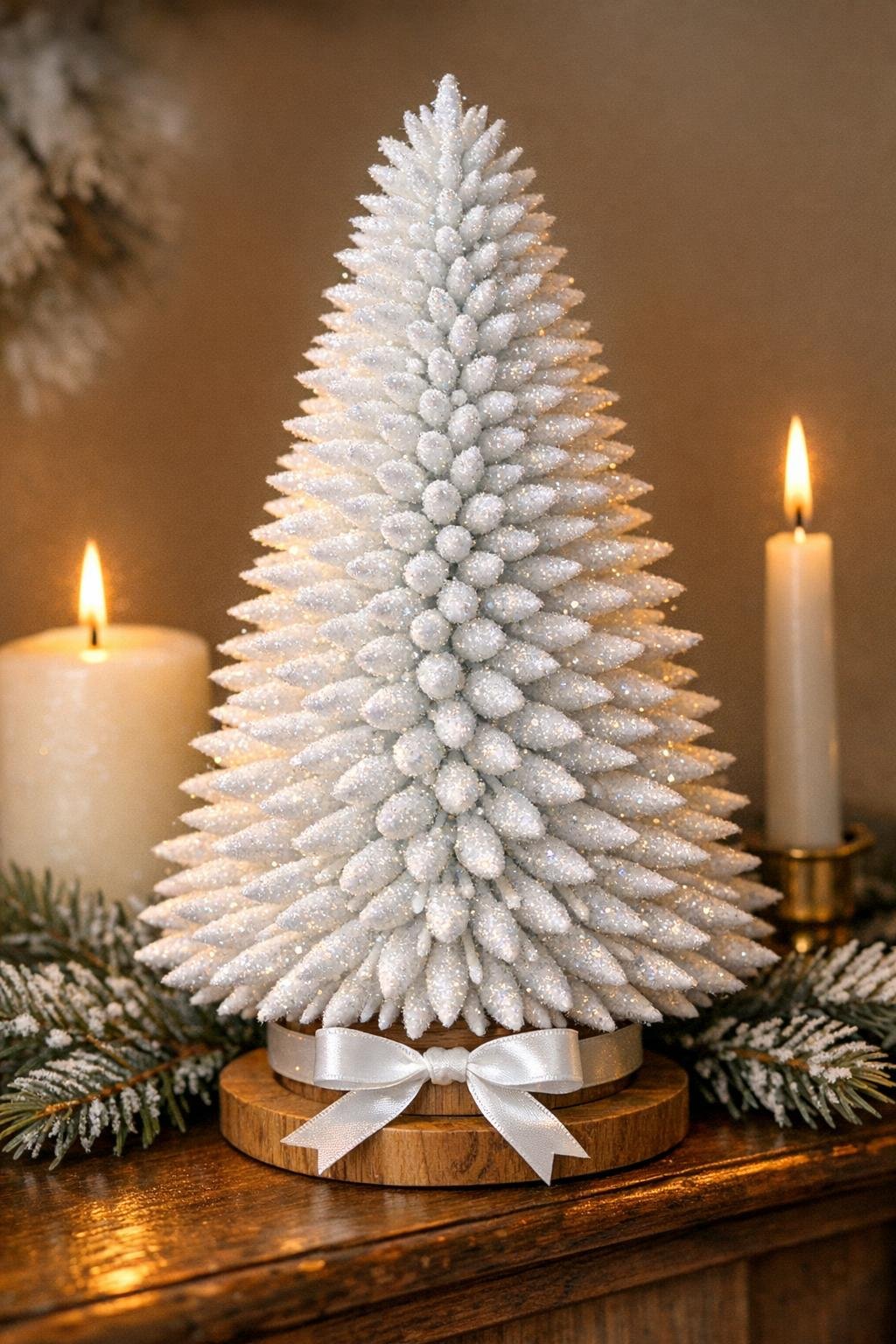 Finished frosted starburst Christmas tree made from a foam cone and cotton swabs